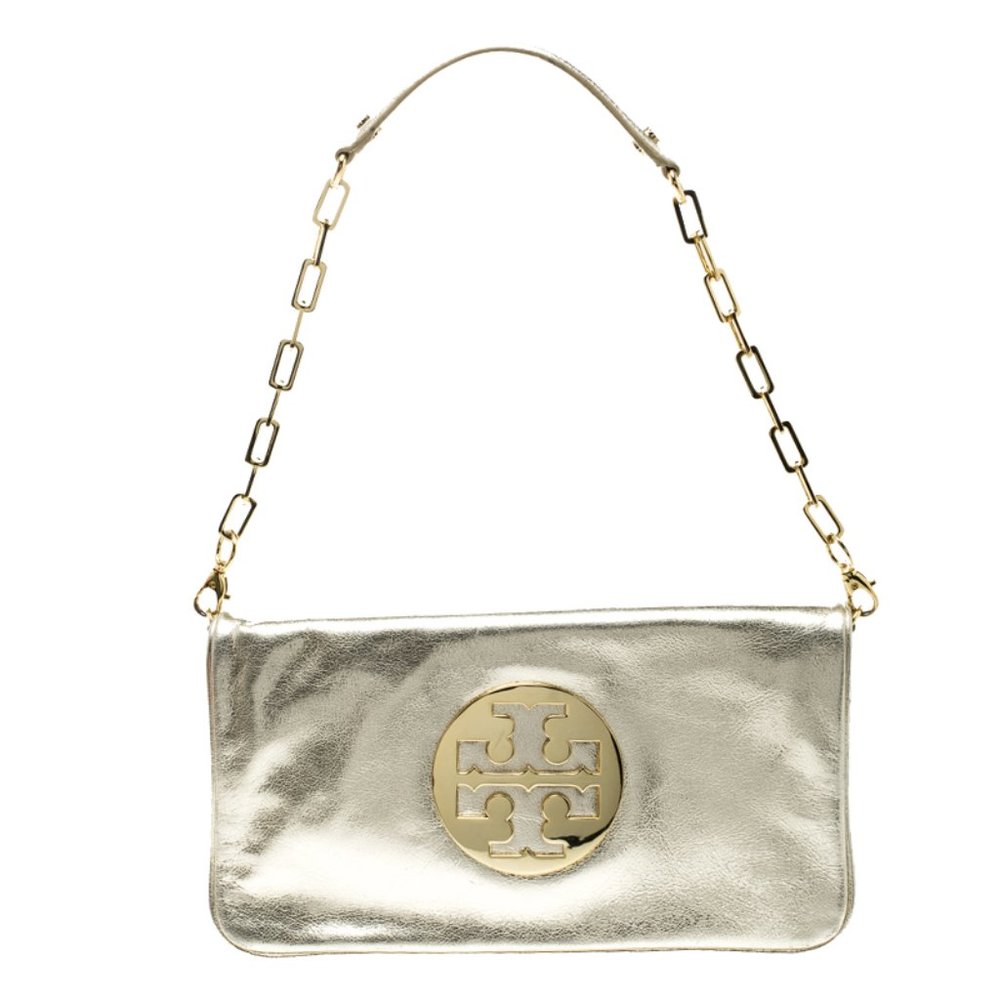 TORY BURCH Metallic Gold Leather Large Gold Logo Reva Shoulder Bag